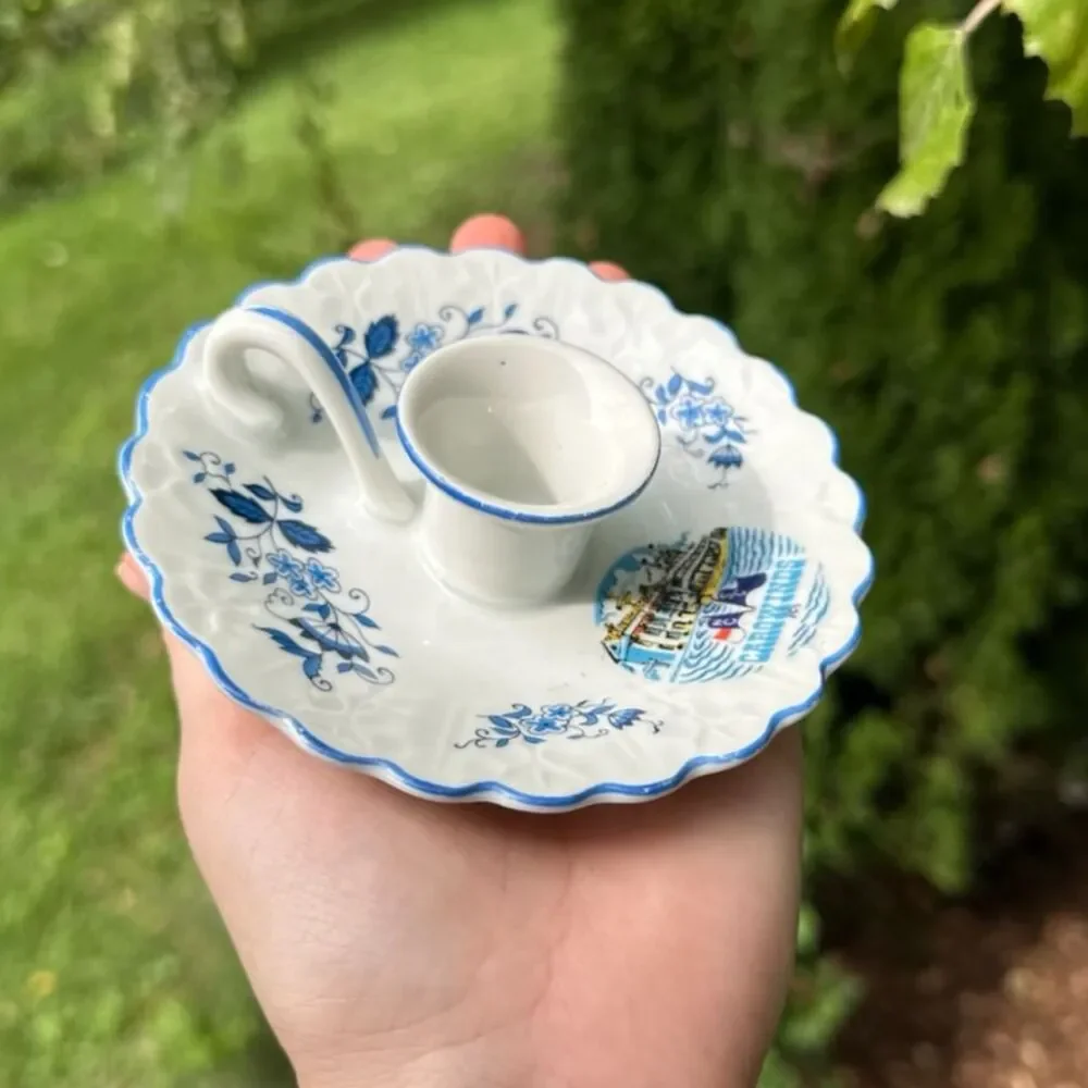 Vintage Porcelain Blue White Chamberstick Candle Holder Carowinds Amusement Park